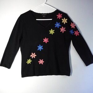 Karen‎ Arnold Black Floral Embroidered Silk Blend V-Neck Long Sleeve Top Granny